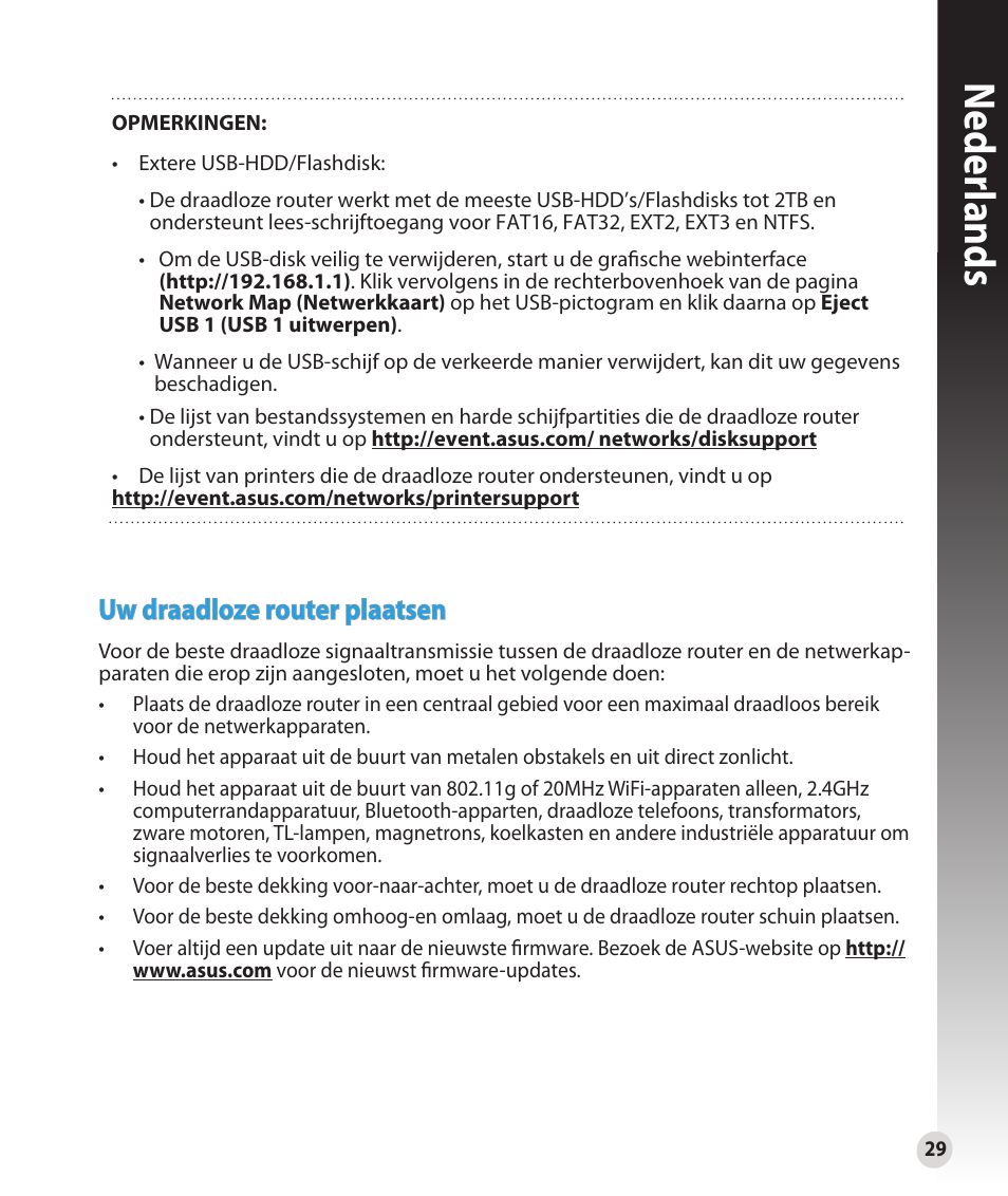 Neder lands, Uw draadloze router plaatsen | Asus RT-N16 User Manual | Page 29 / 147