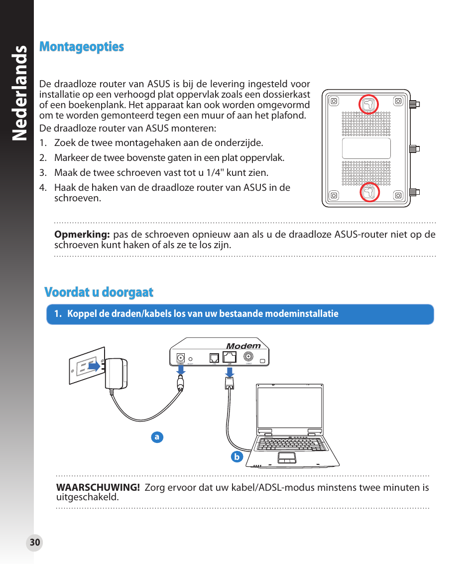 Neder lands, Voordat u doorgaat, Montageopties | Asus RT-N16 User Manual | Page 30 / 147