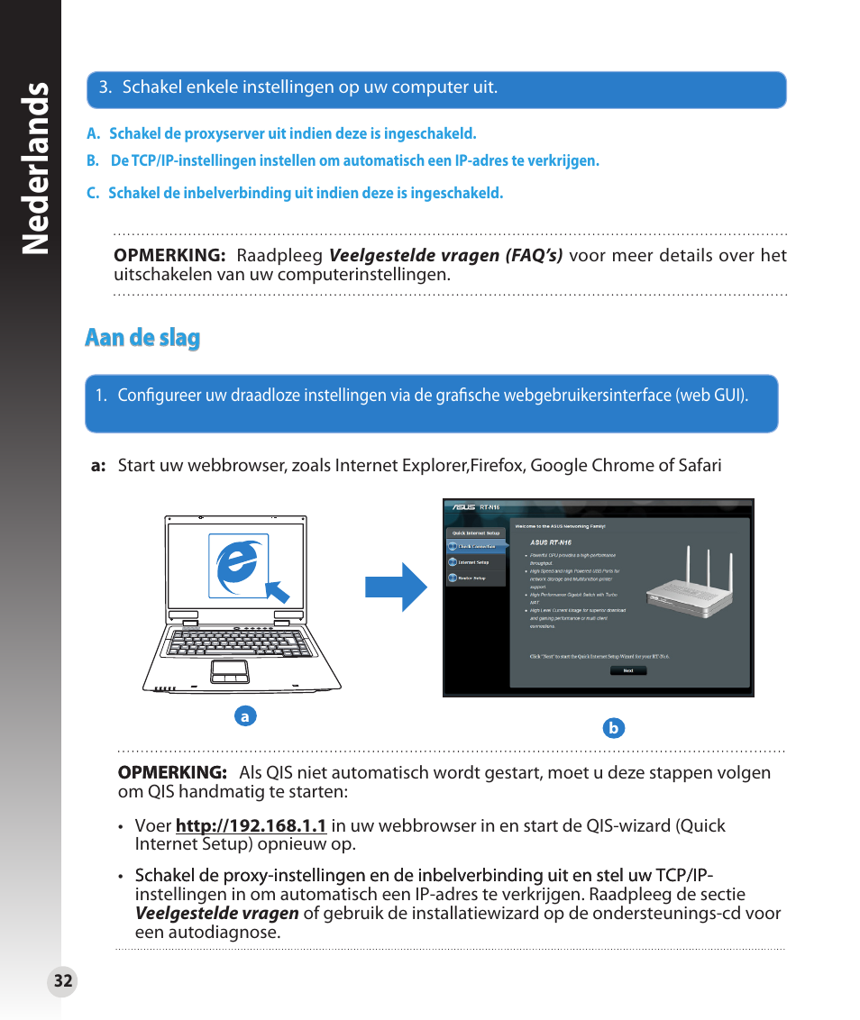 Neder lands, Aan de slag | Asus RT-N16 User Manual | Page 32 / 147