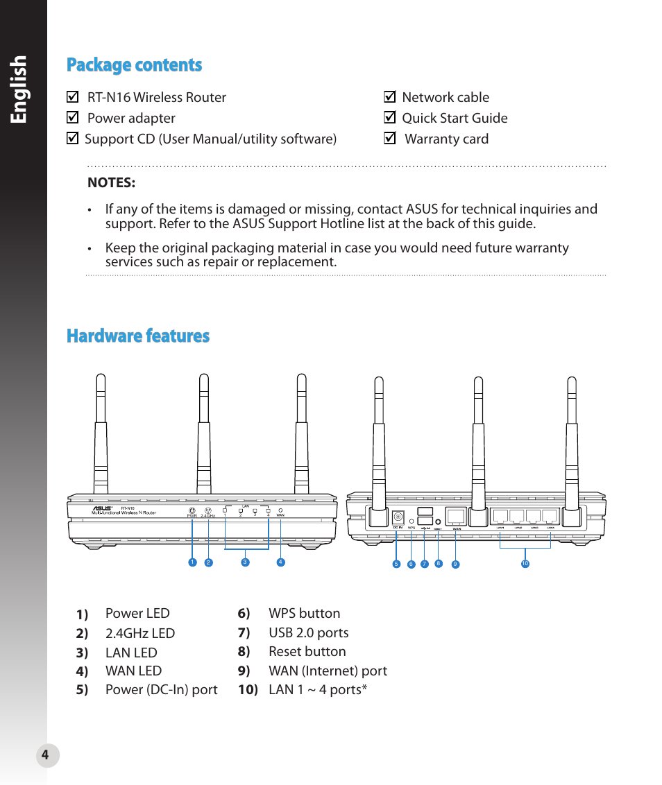 English, Package contents, Hardware features | Asus RT-N16 User Manual | Page 4 / 147