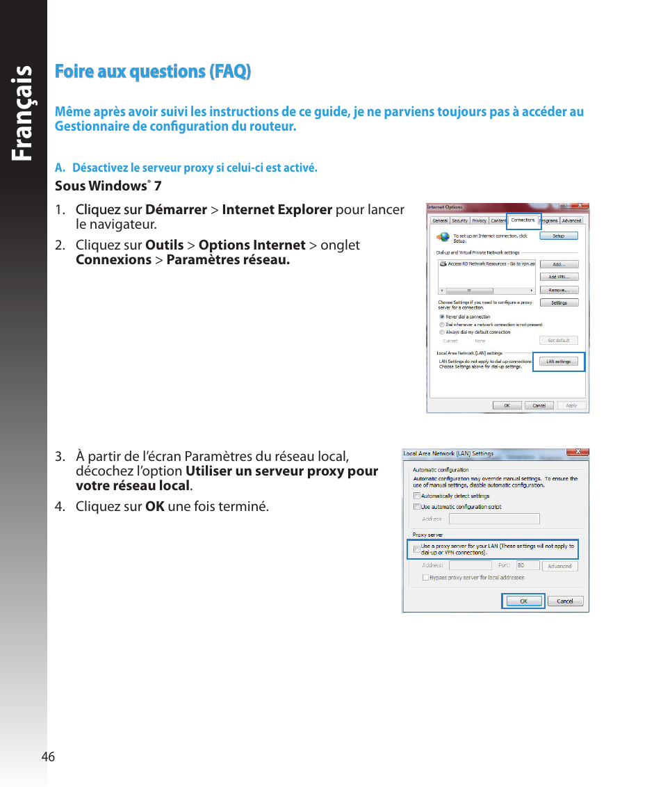 Fr anç ais, Foire aux questions (faq) | Asus RT-N16 User Manual | Page 46 / 147