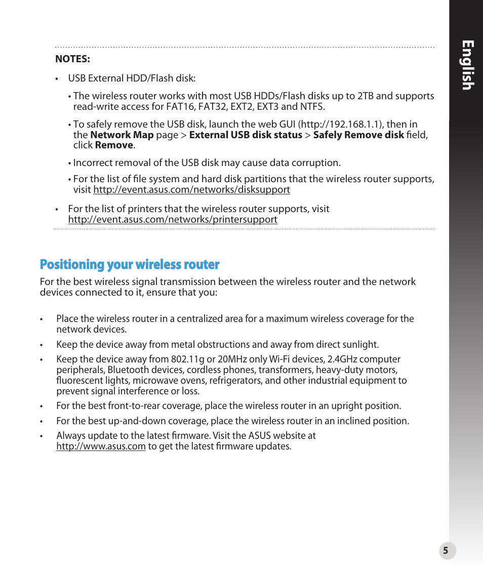 English, Positioning your wireless router | Asus RT-N16 User Manual | Page 5 / 147