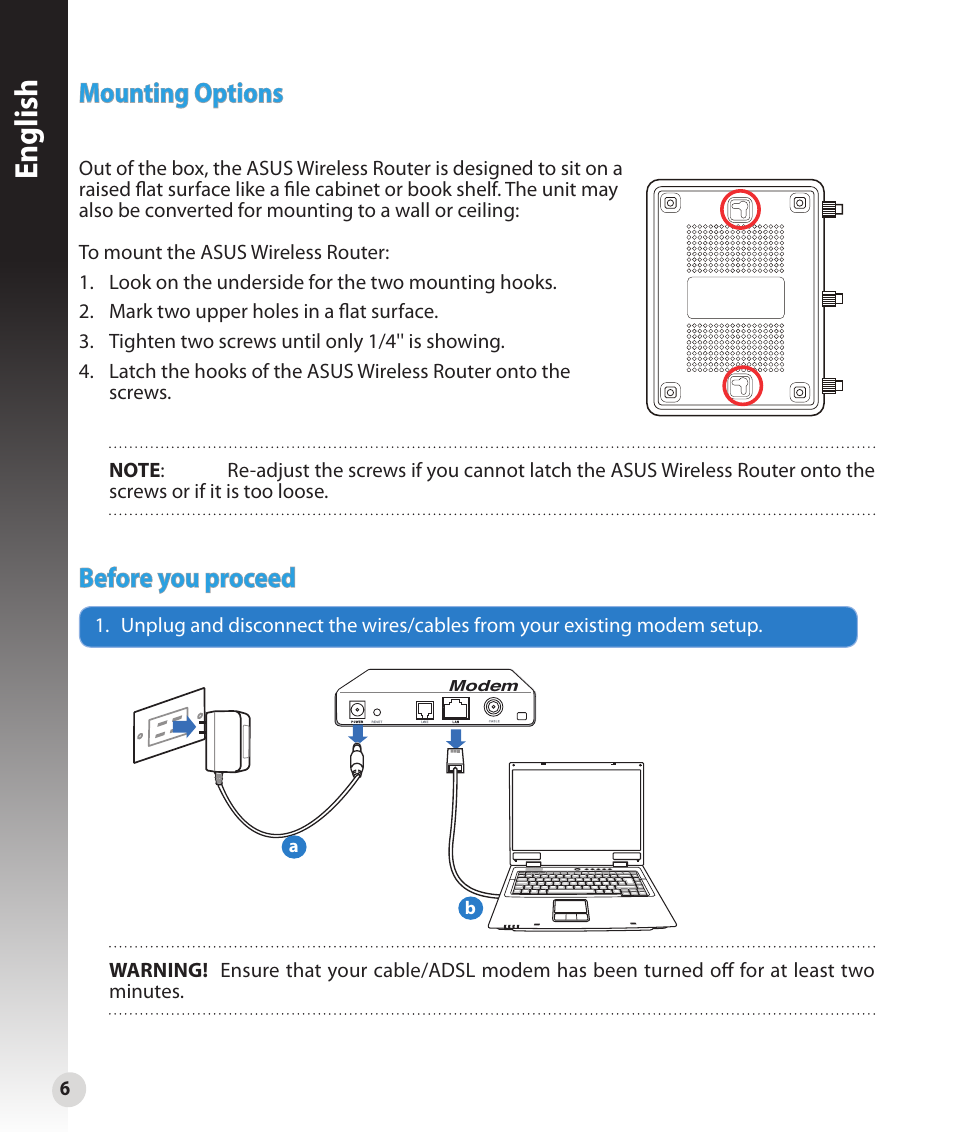 English, Before you proceed, Mounting options | Asus RT-N16 User Manual | Page 6 / 147