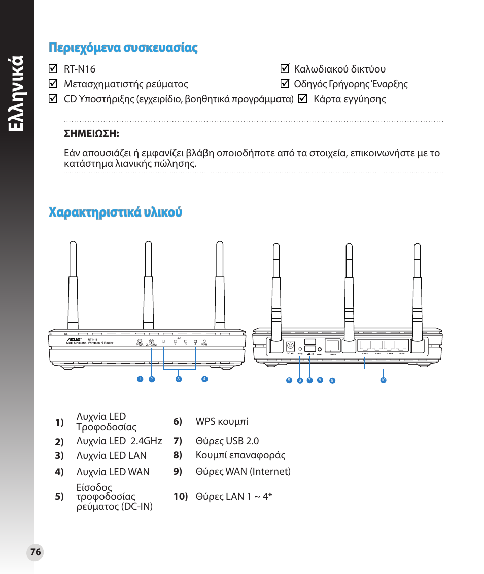 Ελλη νι κά, Περιεχόμενα συσκευασίας, Χαρακτηριστικά υλικού | Asus RT-N16 User Manual | Page 64 / 147