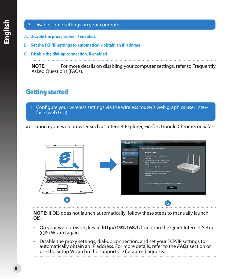 English, Getting started | Asus RT-N16 User Manual | Page 8 / 147
