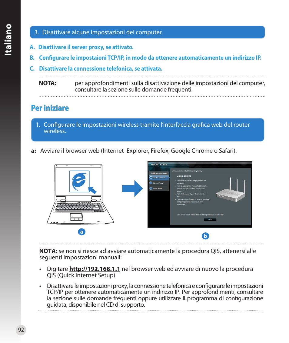 Italiano, Per iniziare | Asus RT-N16 User Manual | Page 80 / 147