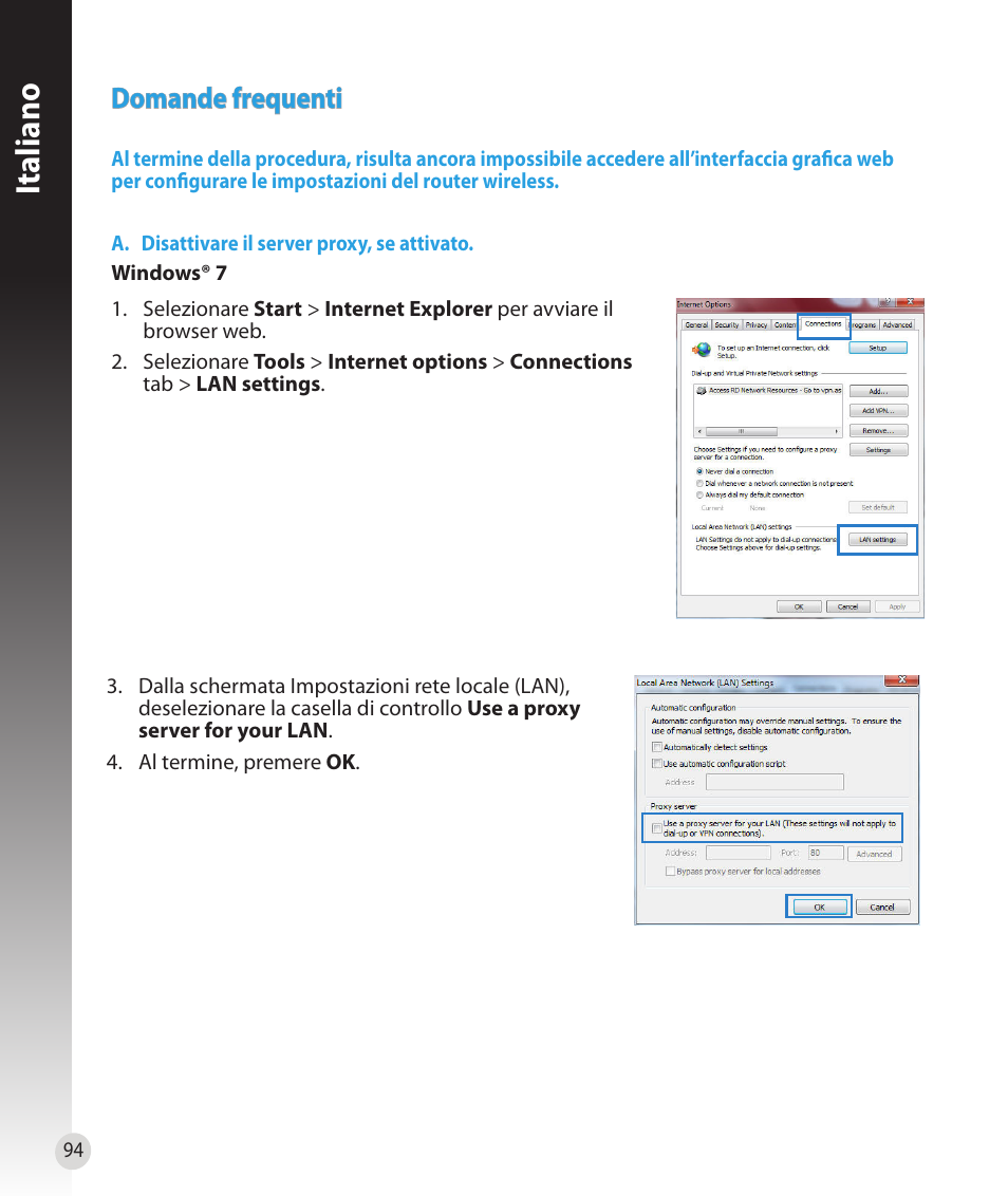 Italiano, Domande frequenti | Asus RT-N16 User Manual | Page 82 / 147