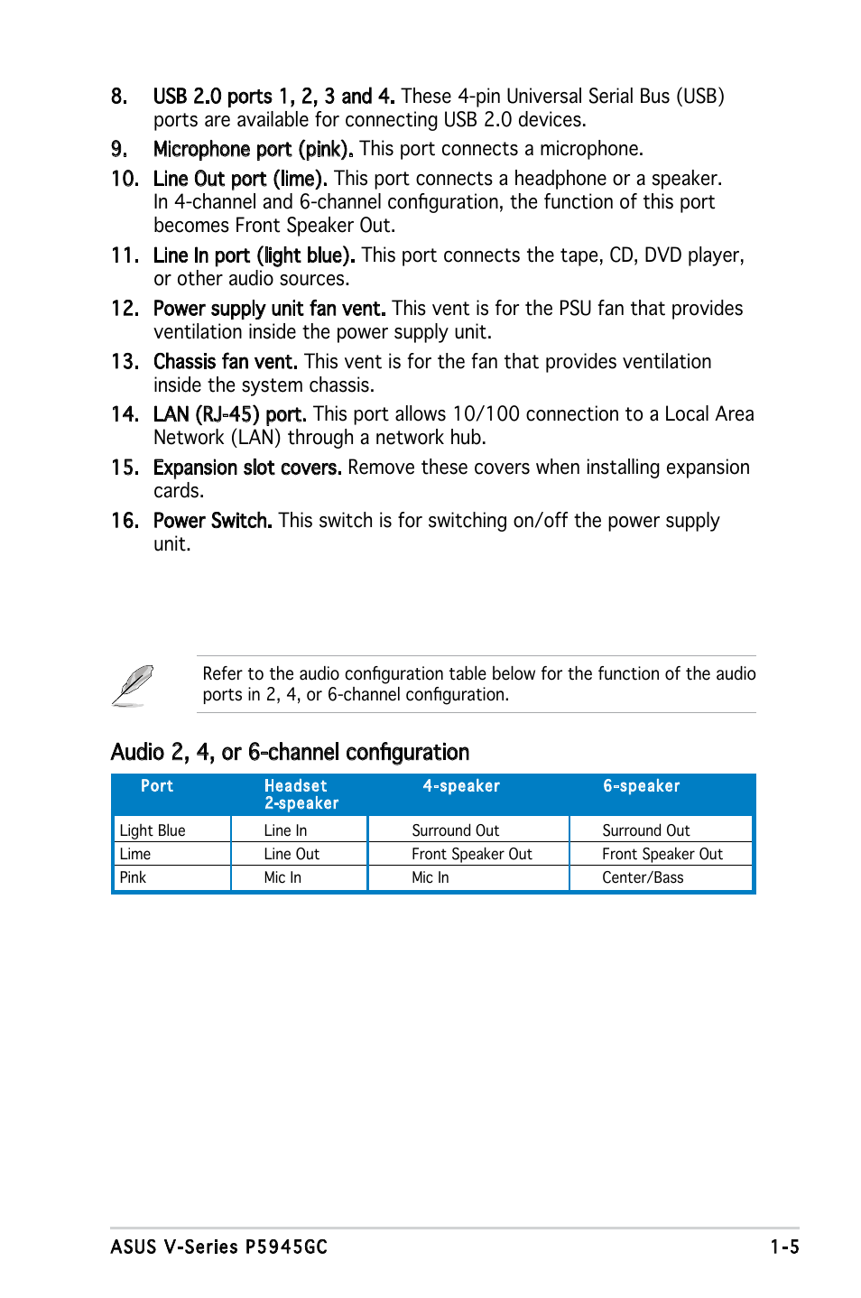 3 rear panel, Audio 2, 4, or 6-channel configuration | Asus V3-P5945GC User Manual | Page 15 / 100