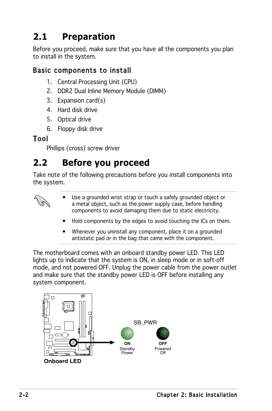 1 preparation, 2 before you proceed, Basic components to install | Tool | Asus V3-P5945GC User Manual | Page 20 / 100