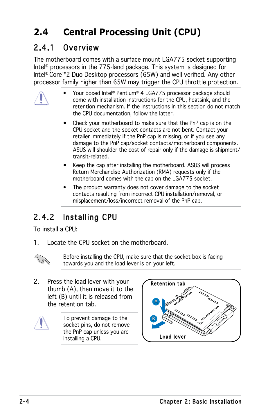 4 central processing unit (cpu), 1 overview, 2 installing cpu | Asus V3-P5945GC User Manual | Page 22 / 100