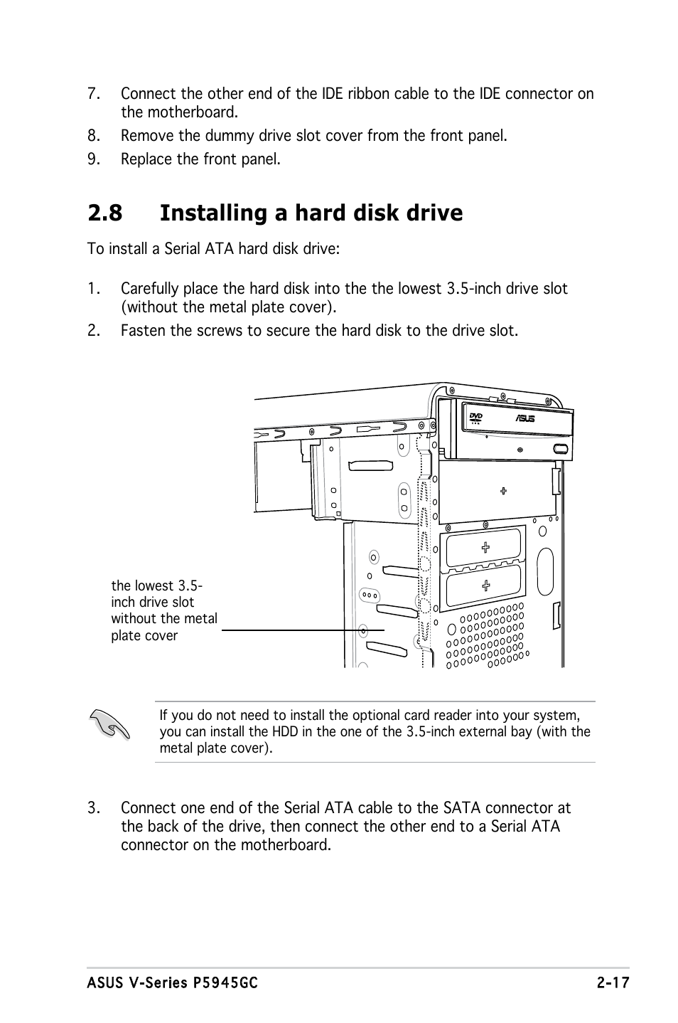 8 installing a hard disk drive | Asus V3-P5945GC User Manual | Page 35 / 100