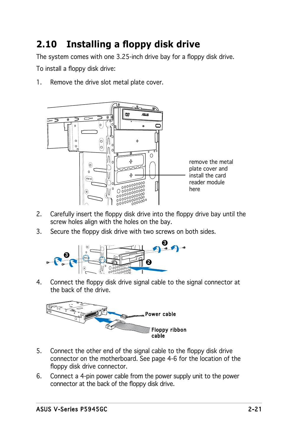 10 installing a floppy disk drive | Asus V3-P5945GC User Manual | Page 39 / 100