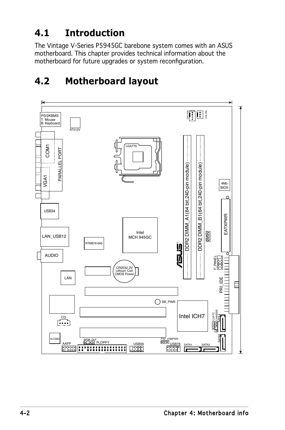 1 introduction, 2 motherboard layout, 2 chapter 4: motherboard info | Intel ich | Asus V3-P5945GC User Manual | Page 54 / 100