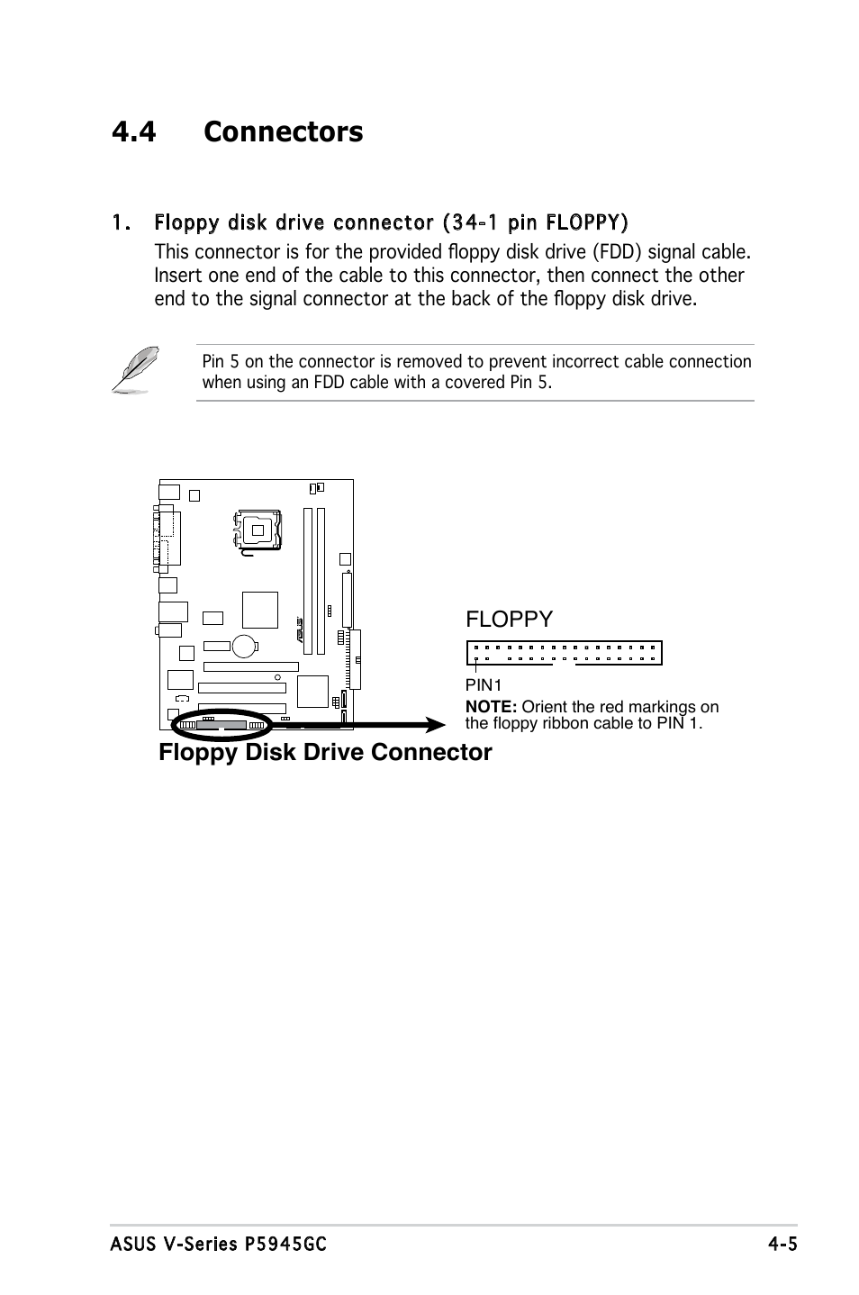 4 connectors, Floppy disk drive connector | Asus V3-P5945GC User Manual | Page 57 / 100