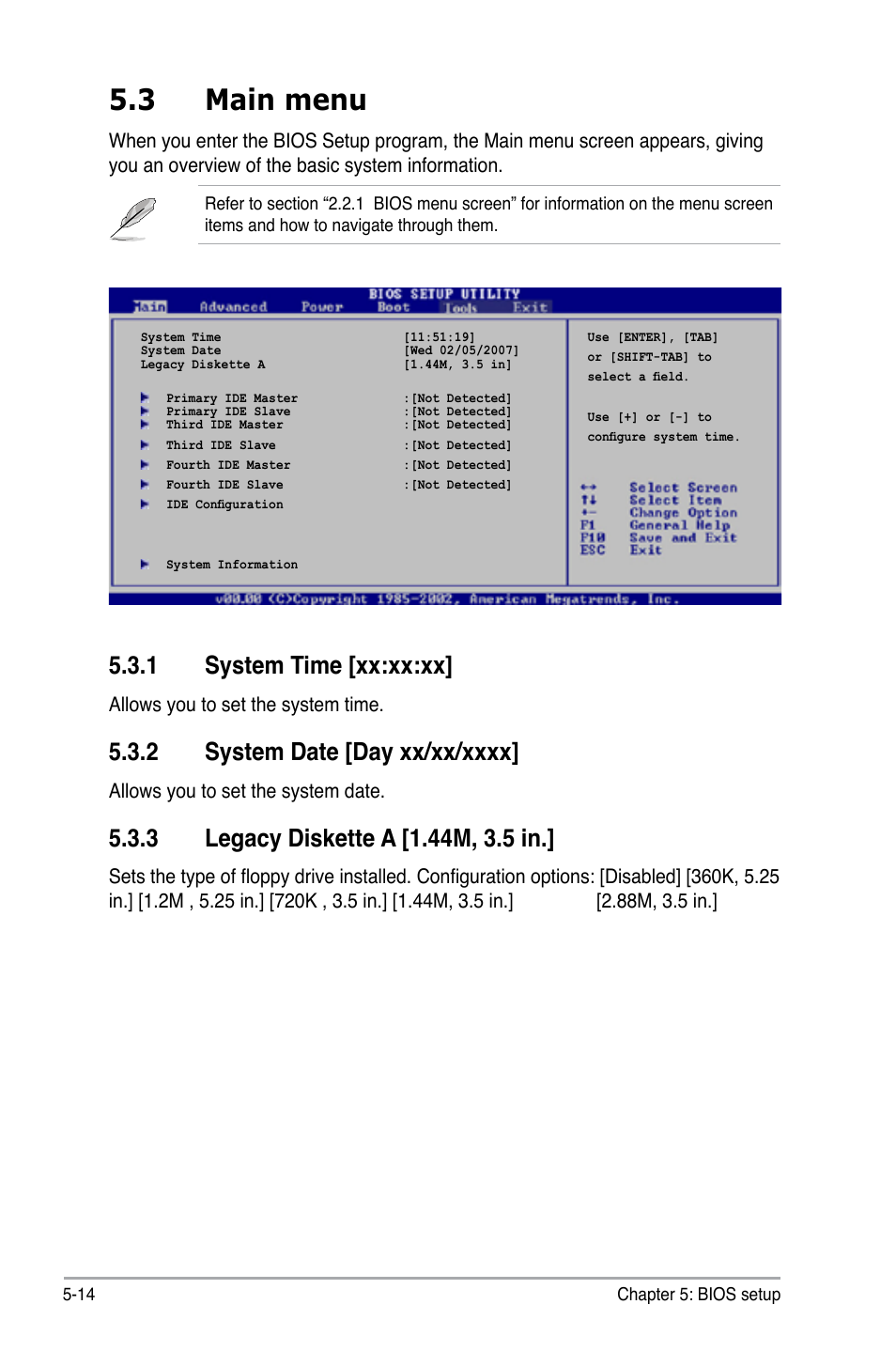 3 main menu, 1 system time [xx:xx:xx | Asus V3-P5945GC User Manual | Page 78 / 100