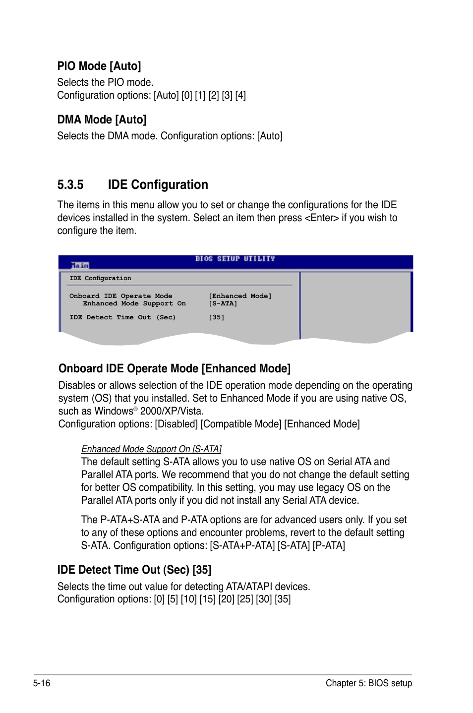 5 ide configuration, Pio mode [auto, Dma mode [auto | Onboard ide operate mode [enhanced mode, Ide detect time out (sec) [35 | Asus V3-P5945GC User Manual | Page 80 / 100