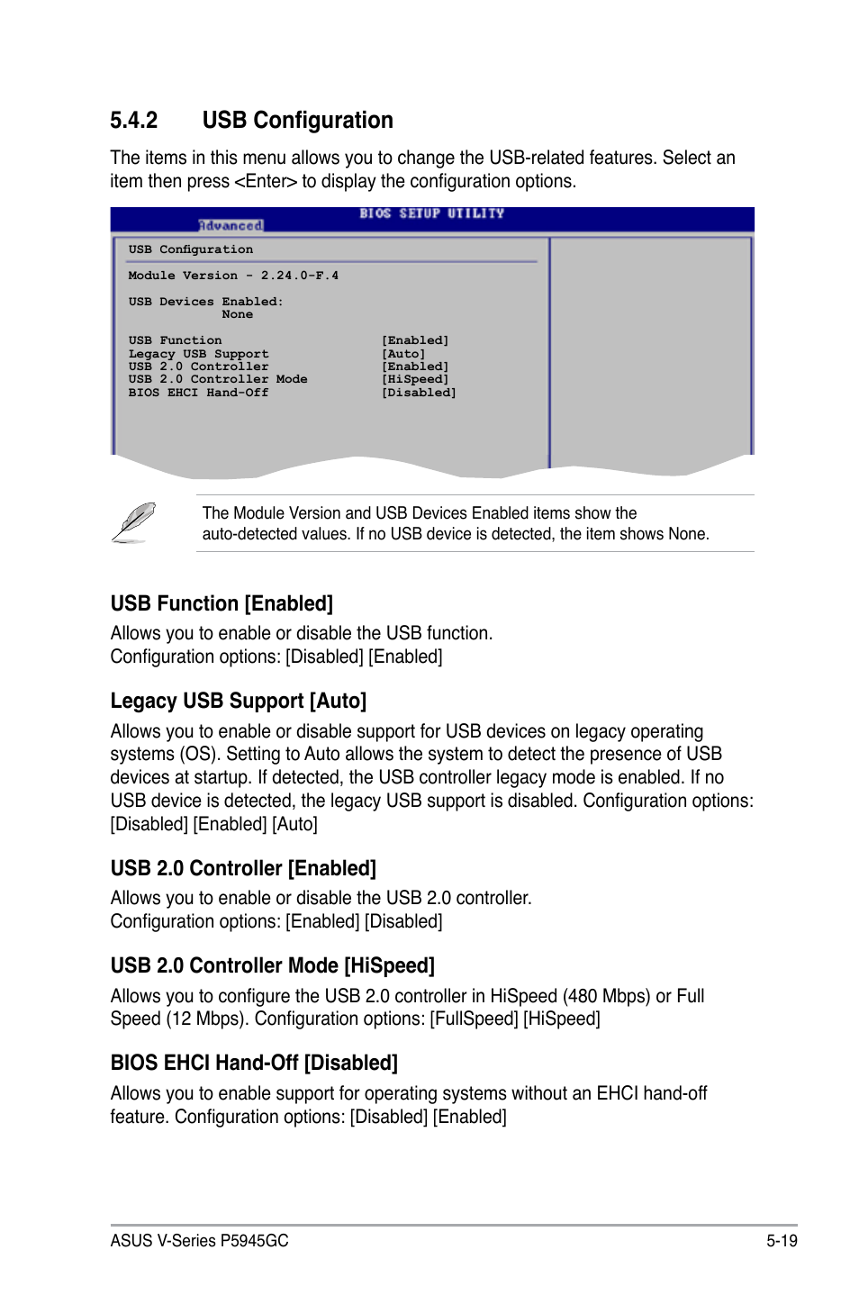 2 usb configuration, Usb function [enabled, Legacy usb support [auto | Usb 2.0 controller [enabled, Usb 2.0 controller mode [hispeed, Bios ehci hand-off [disabled | Asus V3-P5945GC User Manual | Page 83 / 100