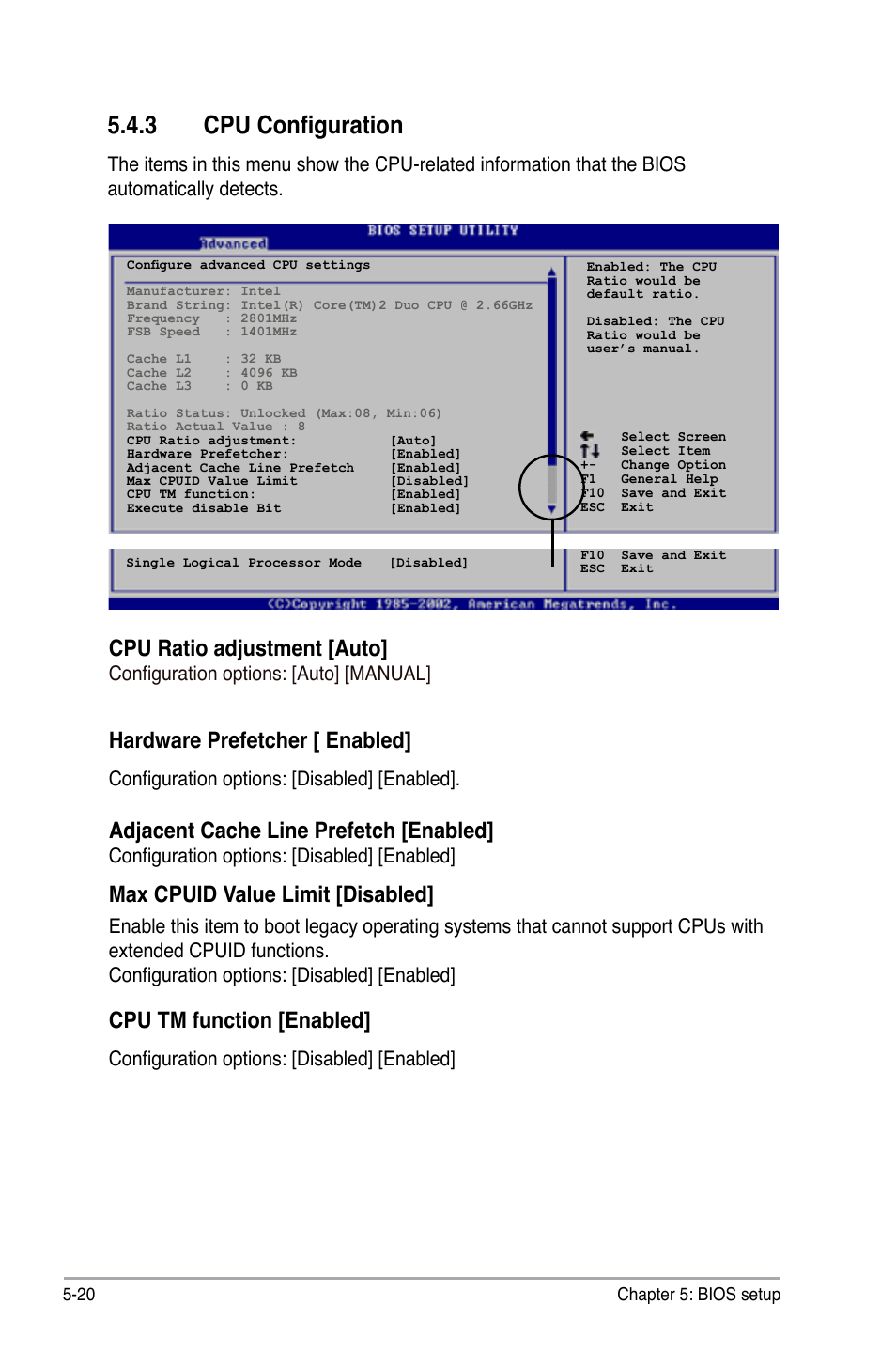 3 cpu configuration, Cpu ratio adjustment [auto, Hardware prefetcher [ enabled | Adjacent cache line prefetch [enabled, Max cpuid value limit [disabled, Cpu tm function [enabled, Configuration options: [auto] [manual, Configuration options: [disabled] [enabled | Asus V3-P5945GC User Manual | Page 84 / 100