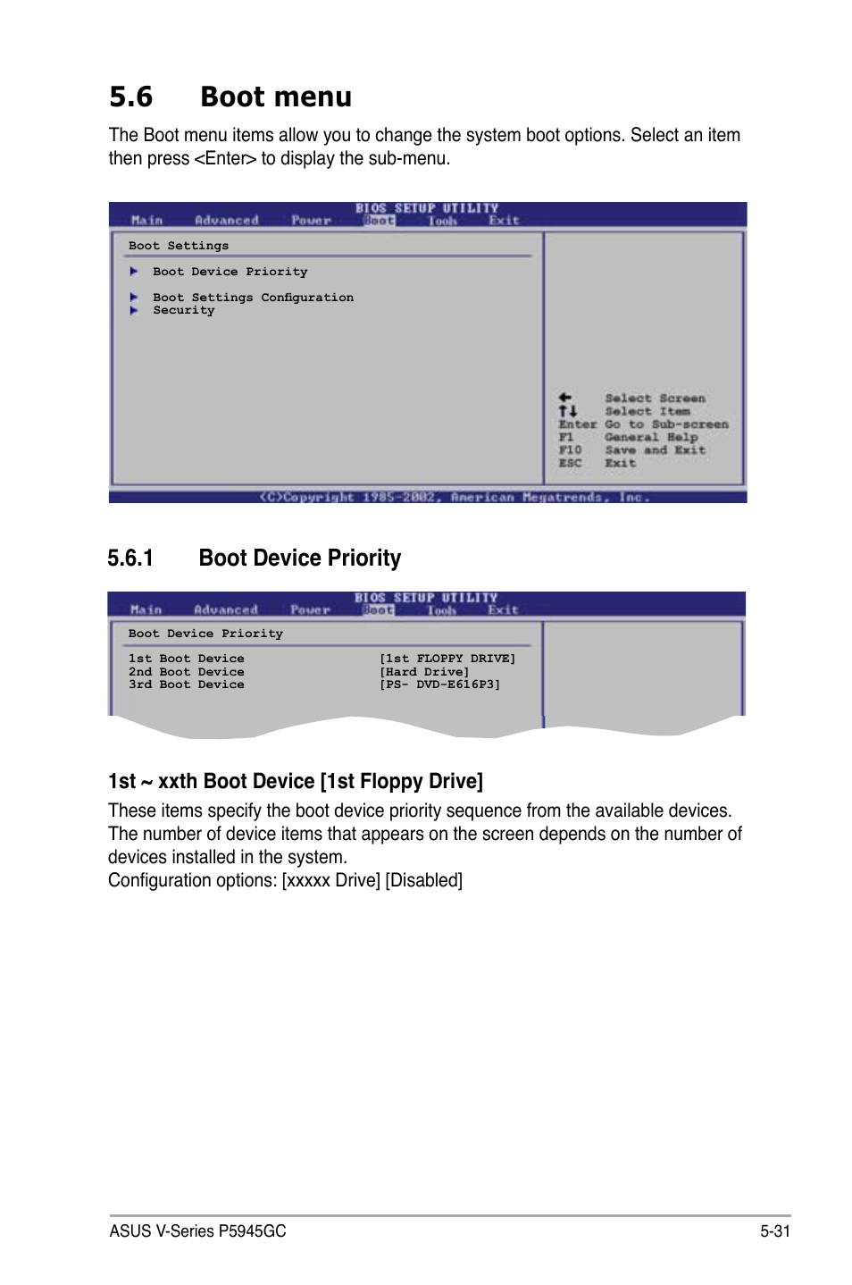 6 boot menu, 1 boot device priority, 1st ~ xxth boot device [1st floppy drive | Asus V3-P5945GC User Manual | Page 95 / 100