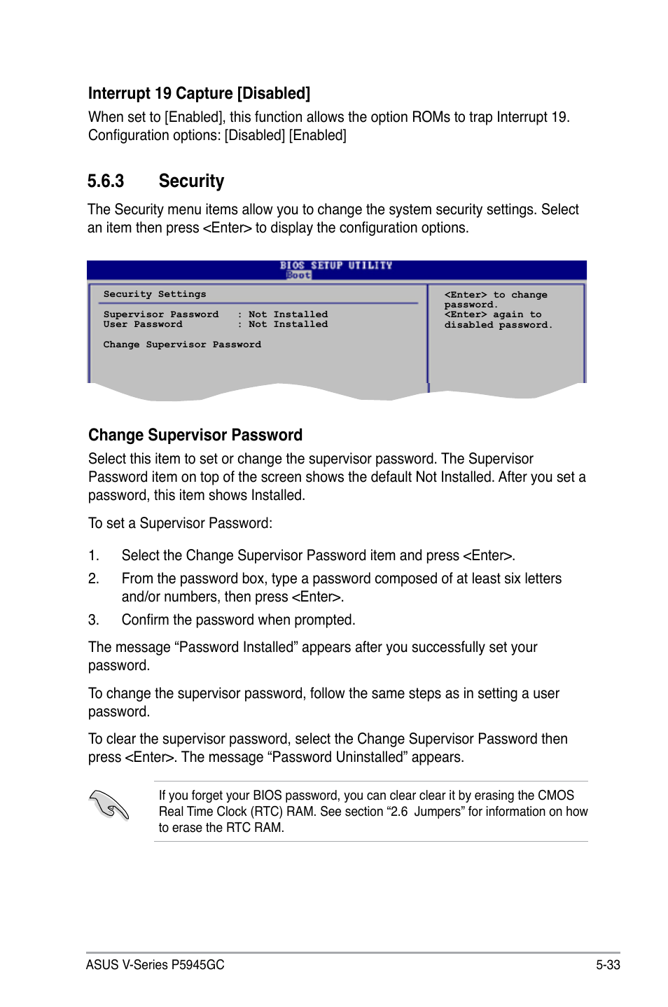 3 security, Interrupt 19 capture [disabled, Change supervisor password | Asus V3-P5945GC User Manual | Page 97 / 100