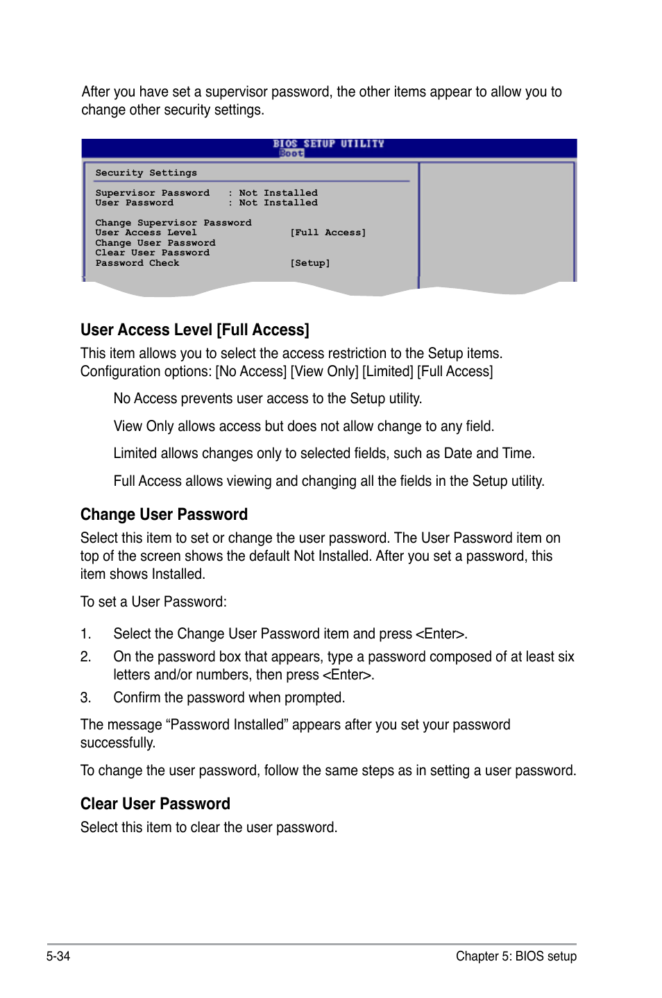 User access level [full access, Change user password, Clear user password | Asus V3-P5945GC User Manual | Page 98 / 100