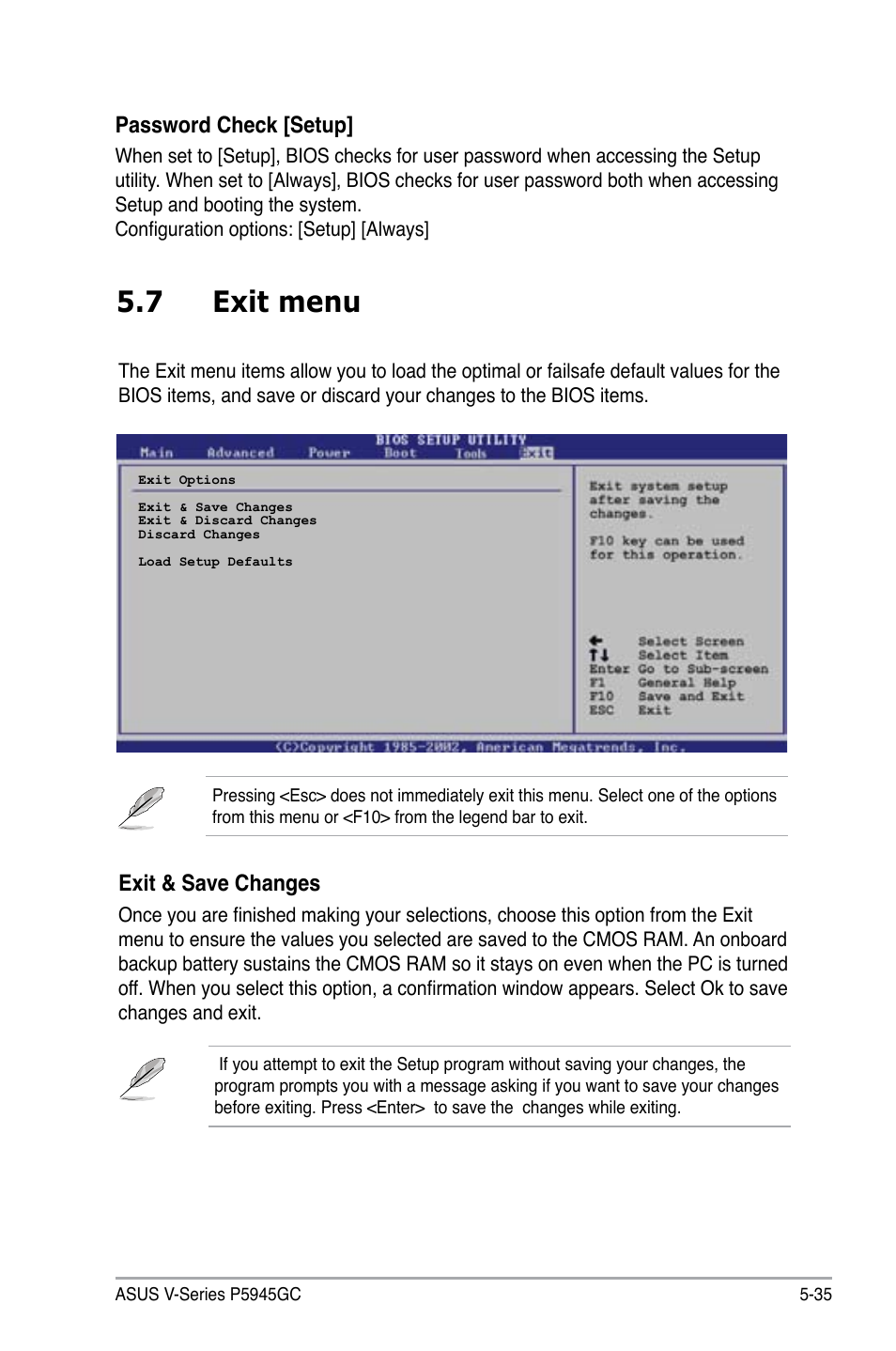 7 exit menu, Exit & save changes, Password check [setup | Asus V3-P5945GC User Manual | Page 99 / 100