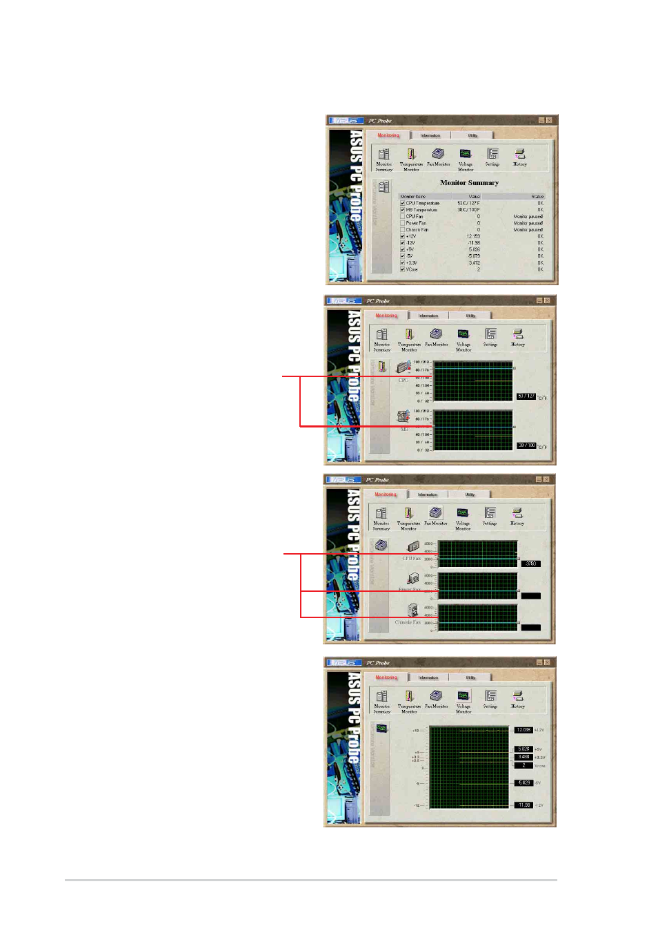 2 using asus pc probe, Monitoring | Asus A7N8X Deluxe User Manual | Page 96 / 124