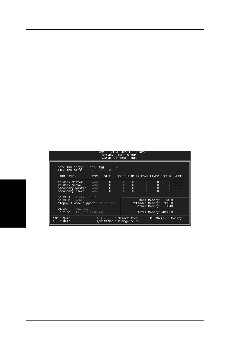 Iv. bios software, Standard cmos setup | Asus P/I-P6NP5 User Manual | Page 36 / 64