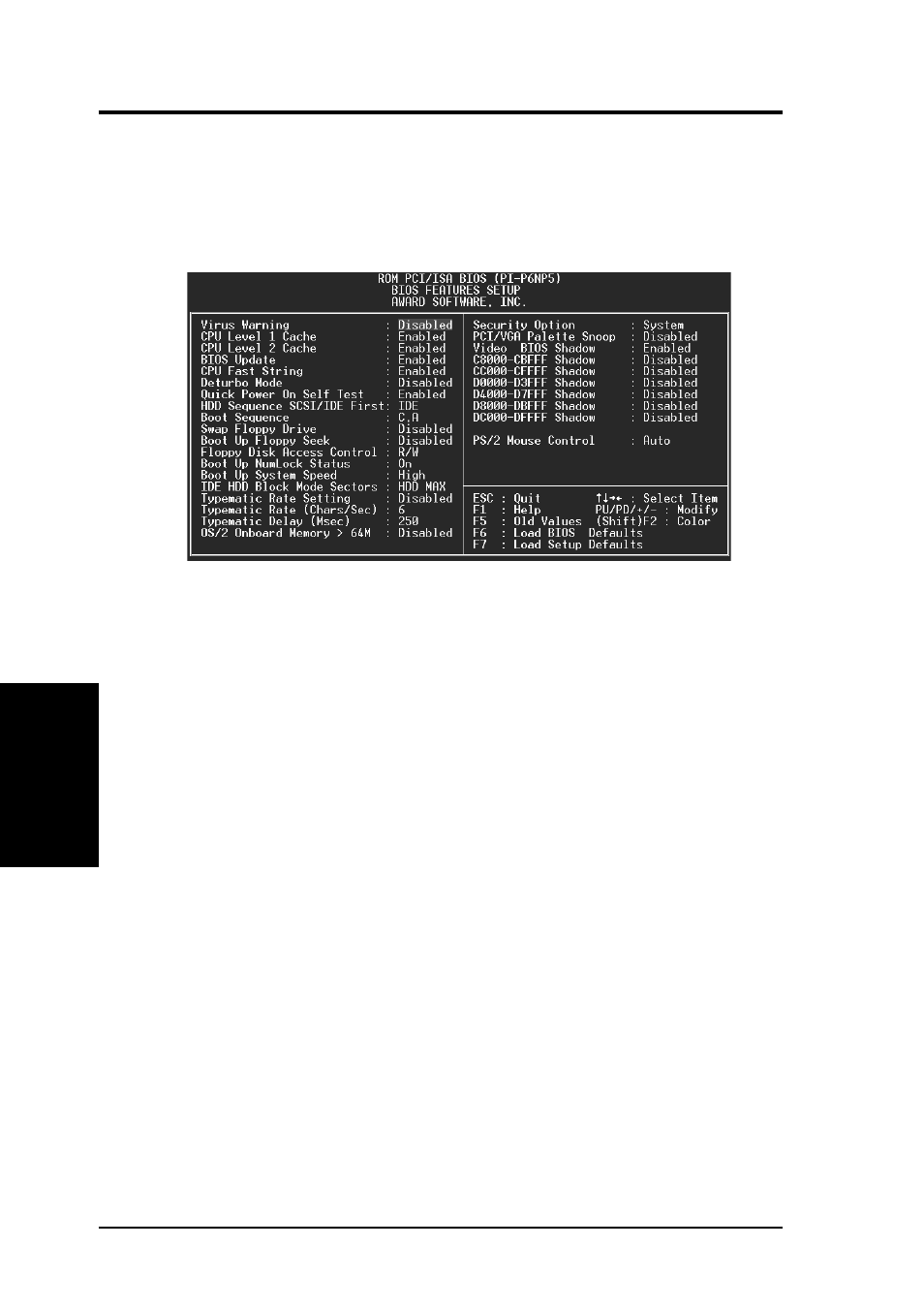 Iv. bios software, Bios features setup | Asus P/I-P6NP5 User Manual | Page 40 / 64