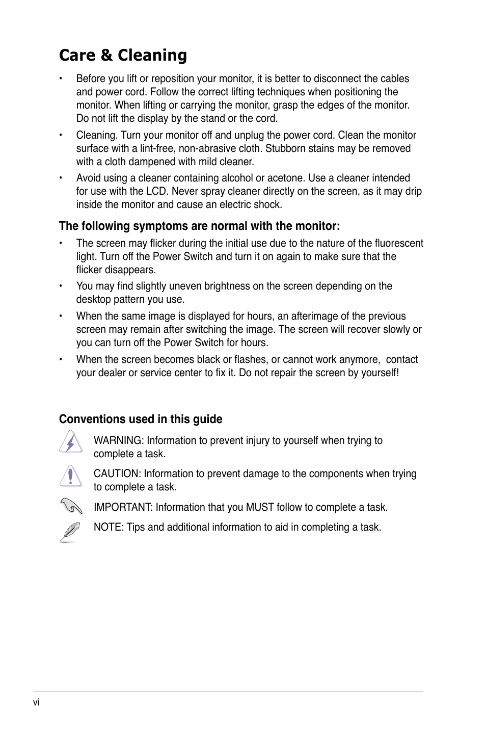 Care & cleaning | Asus VK191T User Manual | Page 6 / 22