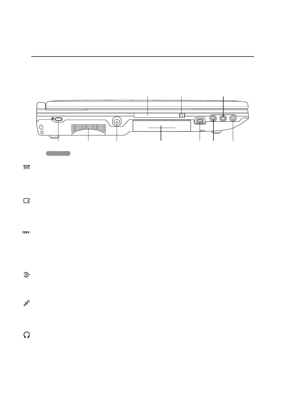 Left side, Knowing the parts, Audio input jack (audio-in) | Pc card slot, Headphone output jack (head-out), Microphone input jack (mic-in), Dc power input jack, 1394 port | Asus A2Dc User Manual | Page 21 / 74