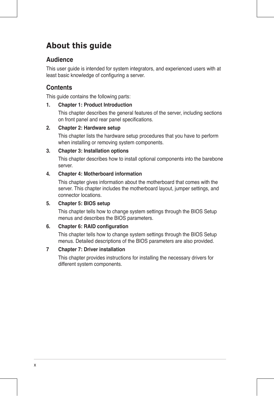 Asus RS924A-E6/RS8 User Manual | Page 10 / 162