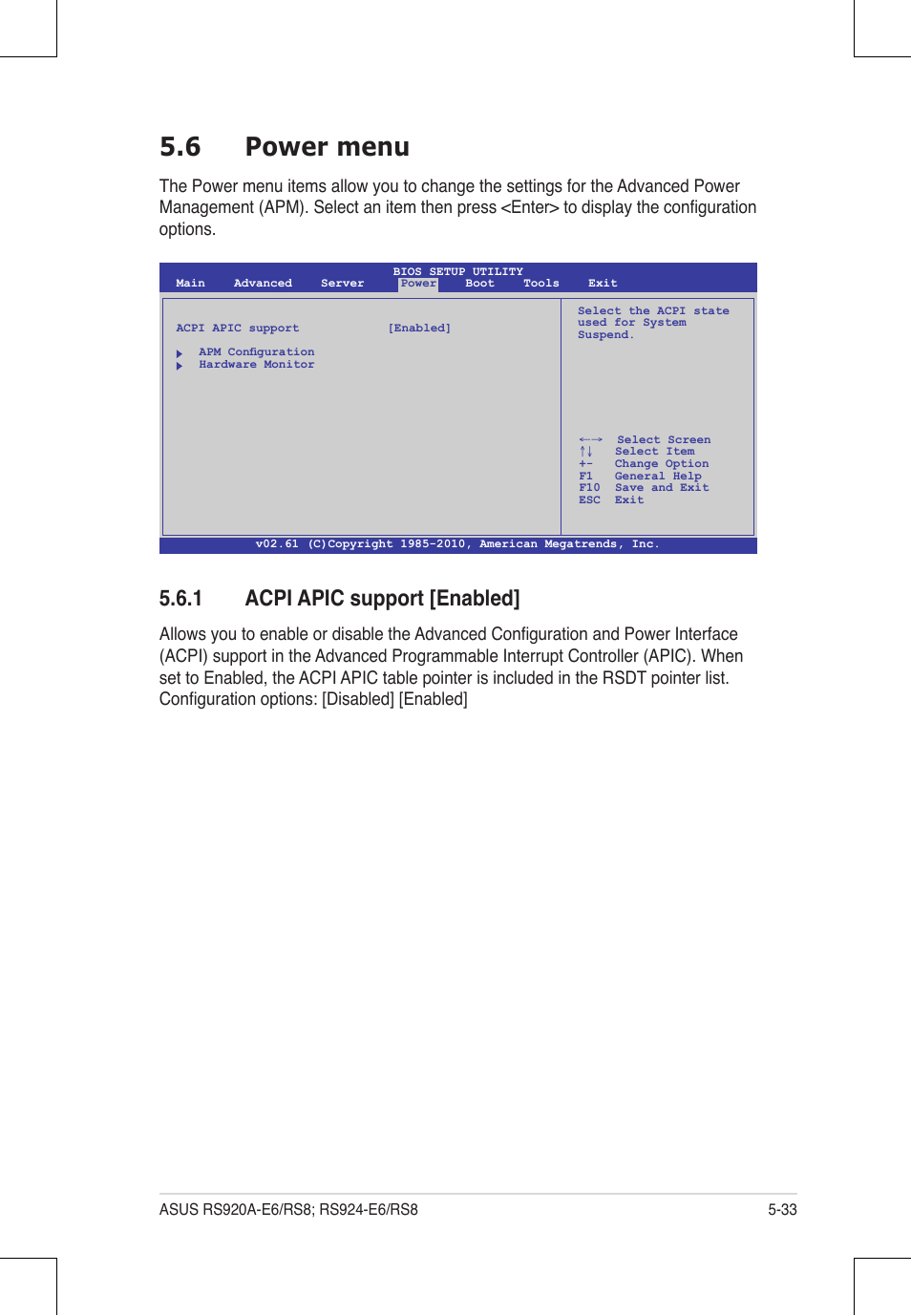 6 power menu, 1 acpi apic support [enabled | Asus RS924A-E6/RS8 User Manual | Page 101 / 162