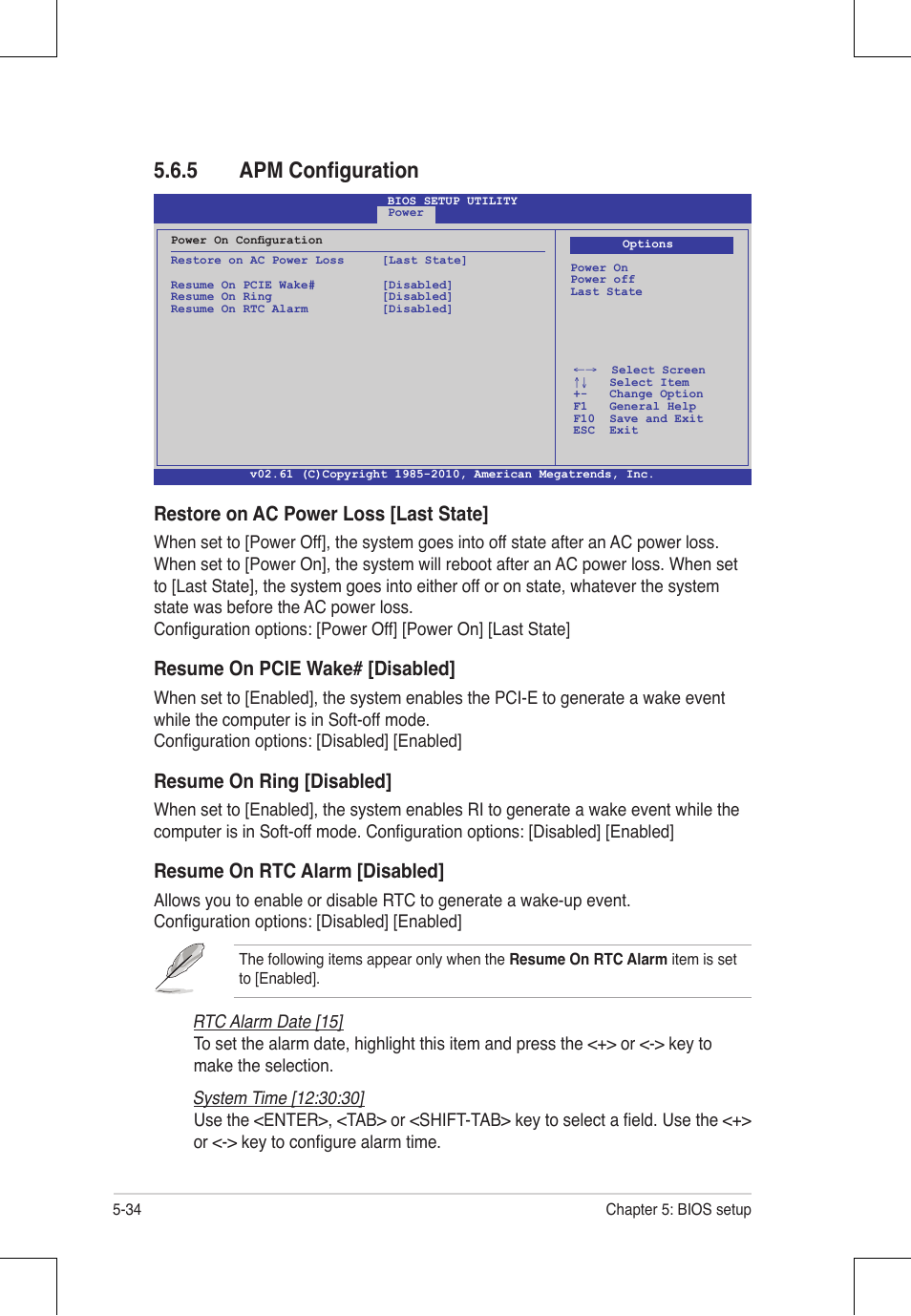 5 apm configuration, Restore on ac power loss [last state, Resume on pcie wake# [disabled | Resume on ring [disabled, Resume on rtc alarm [disabled, Rtc alarm date [15 | Asus RS924A-E6/RS8 User Manual | Page 102 / 162