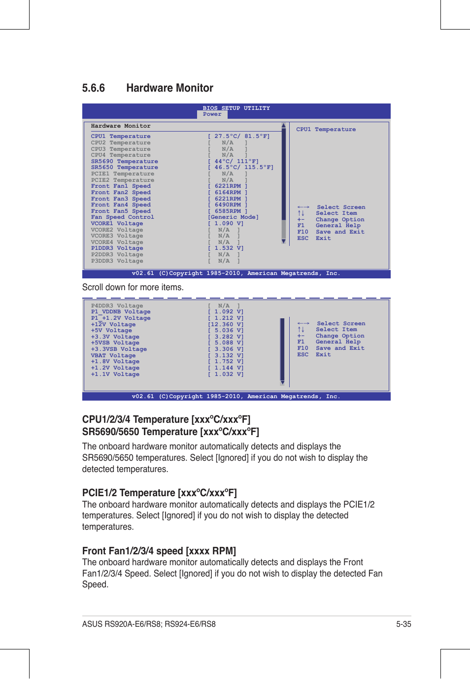6 hardware monitor, Pcie1/2 temperature [xxxºc/xxxºf, Scroll down for more items | Asus RS924A-E6/RS8 User Manual | Page 103 / 162