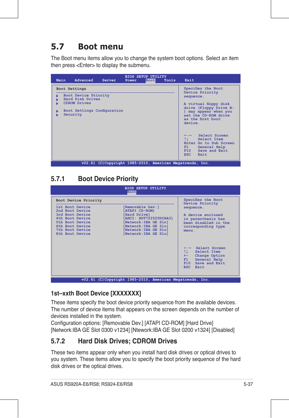 7 boot menu, 1 boot device priority, 2 hard disk drives; cdrom drives | Asus RS924A-E6/RS8 User Manual | Page 105 / 162