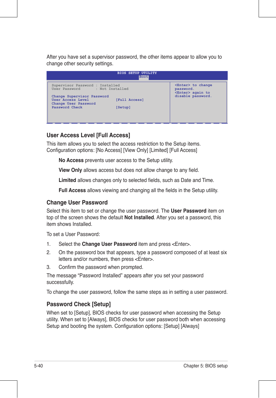 User access level [full access, Change user password, Password check [setup | Asus RS924A-E6/RS8 User Manual | Page 108 / 162