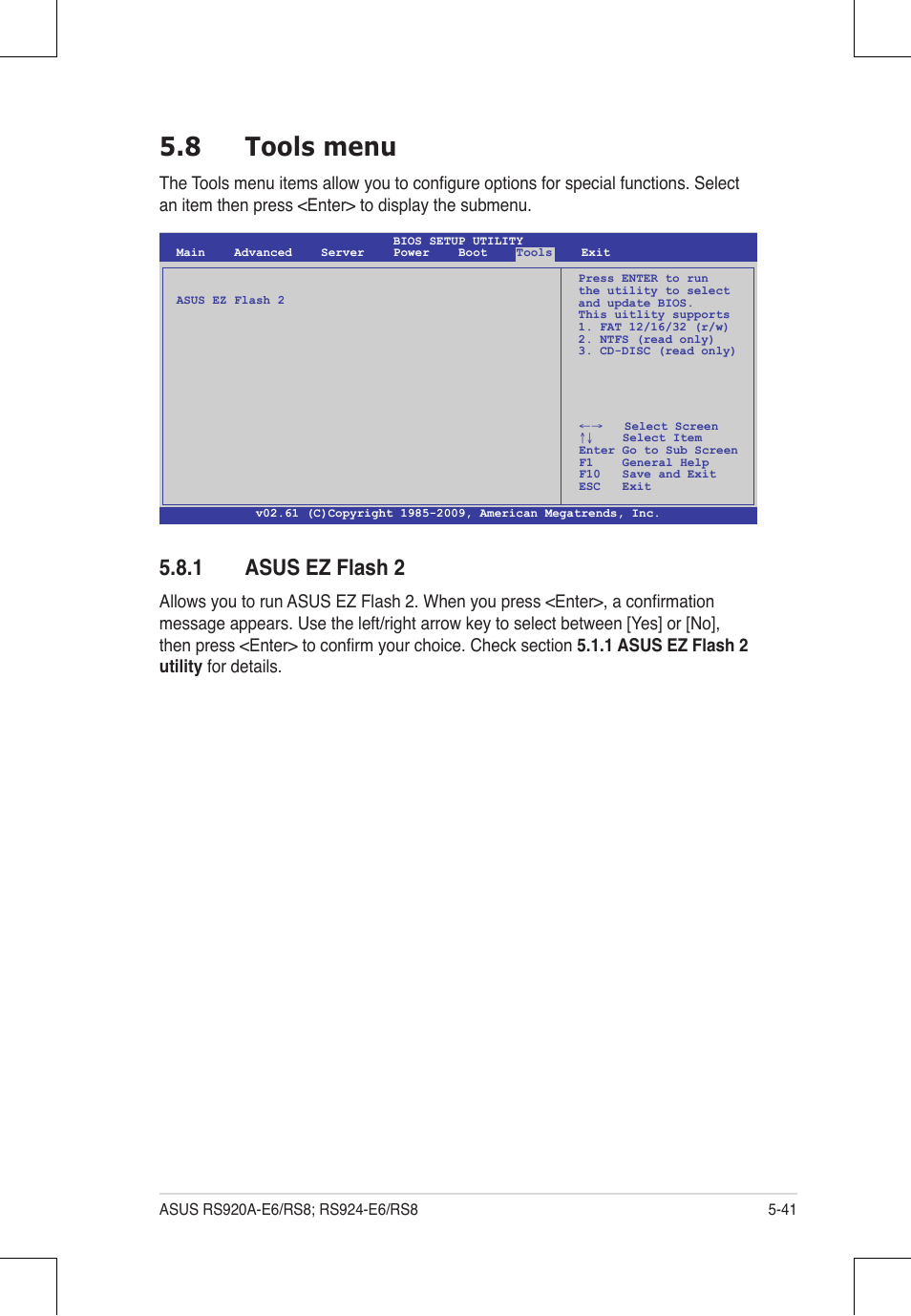 8 tools menu, 1 asus ez flash 2 | Asus RS924A-E6/RS8 User Manual | Page 109 / 162