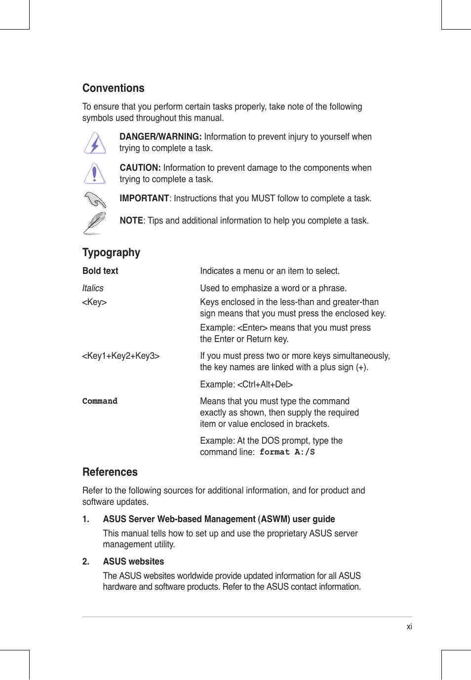 References, Conventions, Typography | Asus RS924A-E6/RS8 User Manual | Page 11 / 162