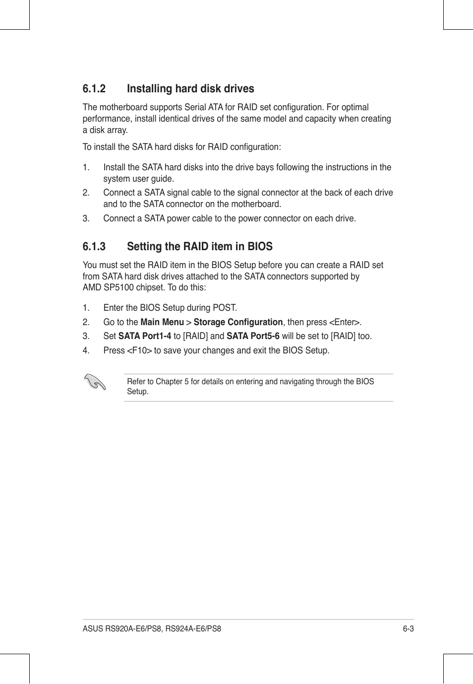 2 installing hard disk drives, 3 setting the raid item in bios | Asus RS924A-E6/RS8 User Manual | Page 113 / 162