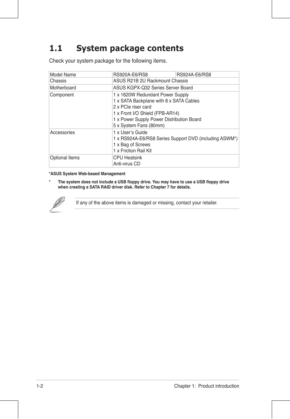 1 system package contents | Asus RS924A-E6/RS8 User Manual | Page 14 / 162