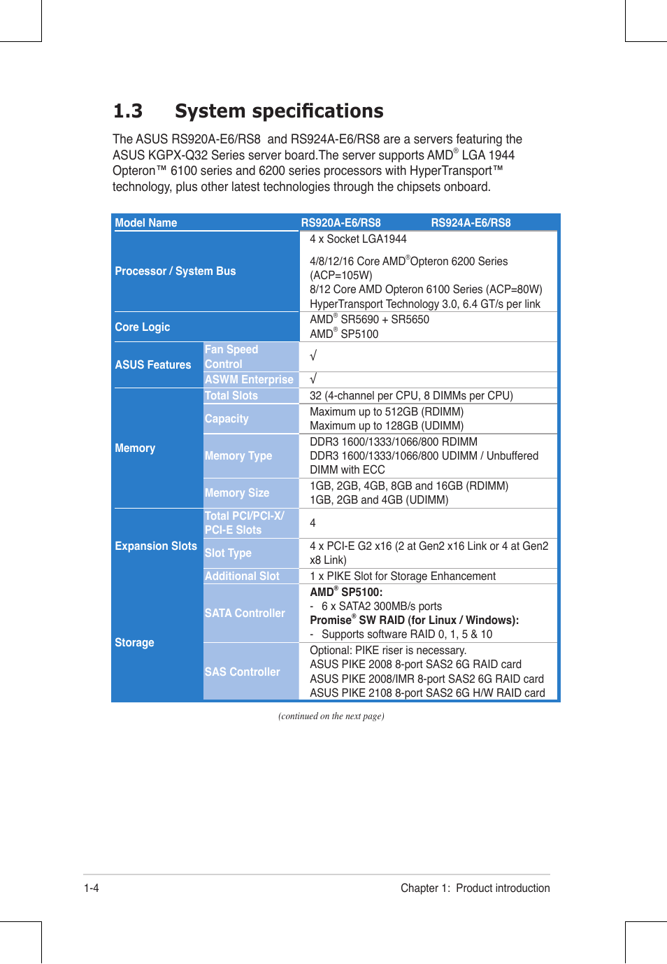 3 system specifications | Asus RS924A-E6/RS8 User Manual | Page 16 / 162