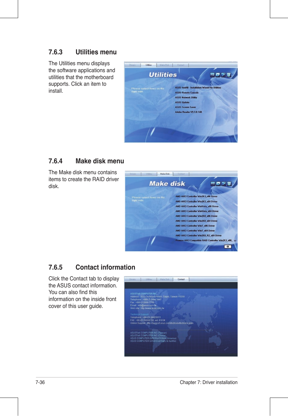 3 utilities menu, 4 make disk menu, 5 contact information | Asus RS924A-E6/RS8 User Manual | Page 160 / 162