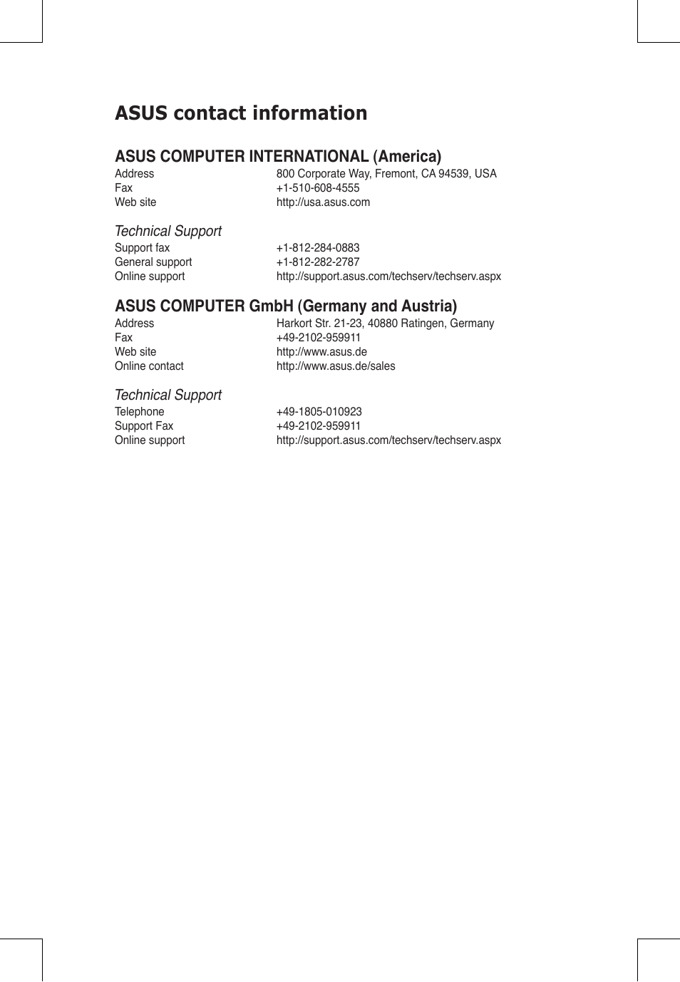 Asus contact information, Asus computer international (america), Asus computer gmbh (germany and austria) | Technical support | Asus RS924A-E6/RS8 User Manual | Page 162 / 162