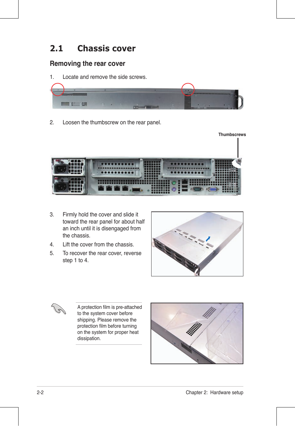 1 chassis cover, Removing the rear cover | Asus RS924A-E6/RS8 User Manual | Page 24 / 162