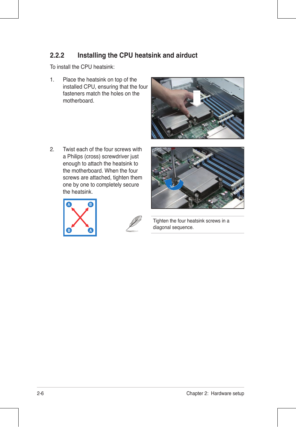 2 installing the cpu heatsink and airduct | Asus RS924A-E6/RS8 User Manual | Page 28 / 162