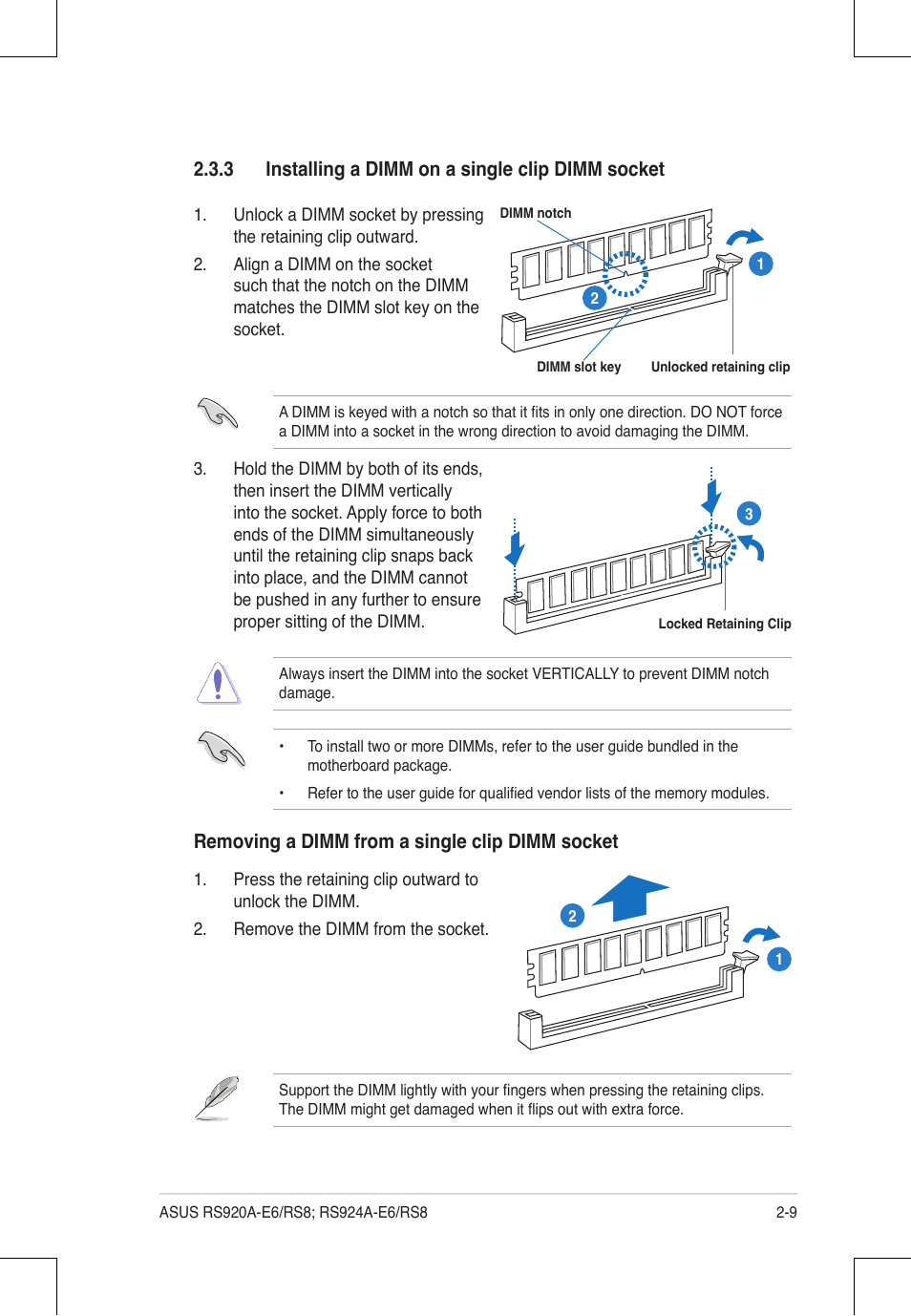 3 installing a dimm on a single clip dimm socket, Removing a dimm from a single clip dimm socket | Asus RS924A-E6/RS8 User Manual | Page 31 / 162