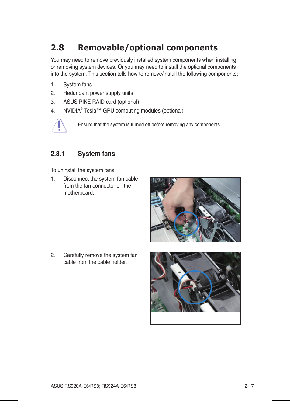 8 removable/optional components, 1 system fans | Asus RS924A-E6/RS8 User Manual | Page 39 / 162