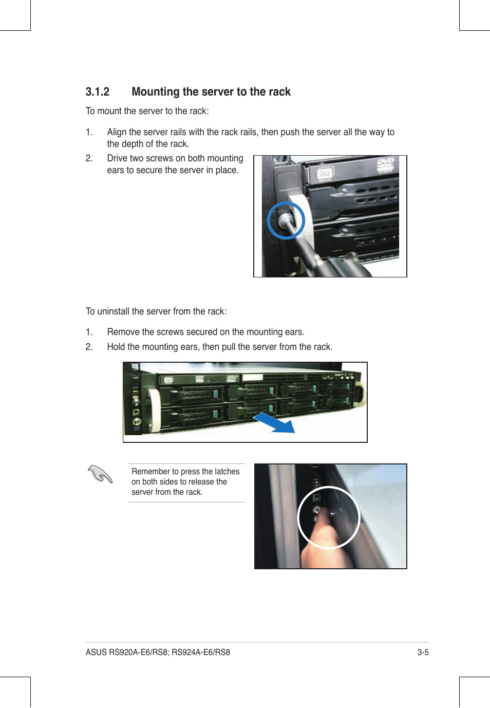 2 mounting the server to the rack | Asus RS924A-E6/RS8 User Manual | Page 51 / 162