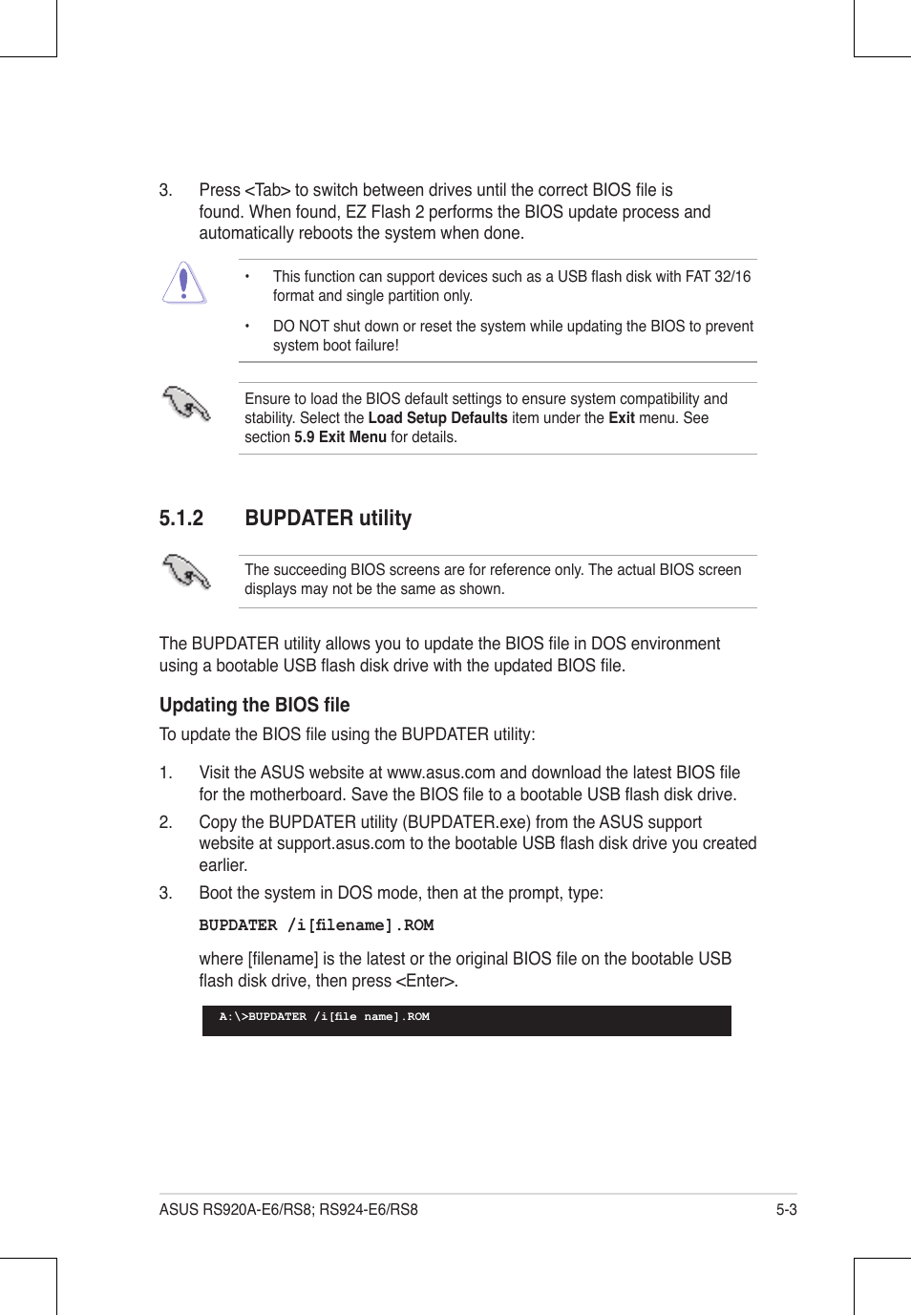 2 bupdater utility, Updating the bios file | Asus RS924A-E6/RS8 User Manual | Page 71 / 162